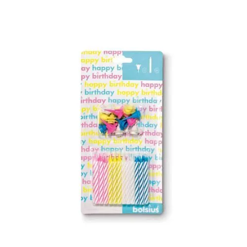 Taartkaarsjes 24st met Houder op Blister | Assorti Kleuren